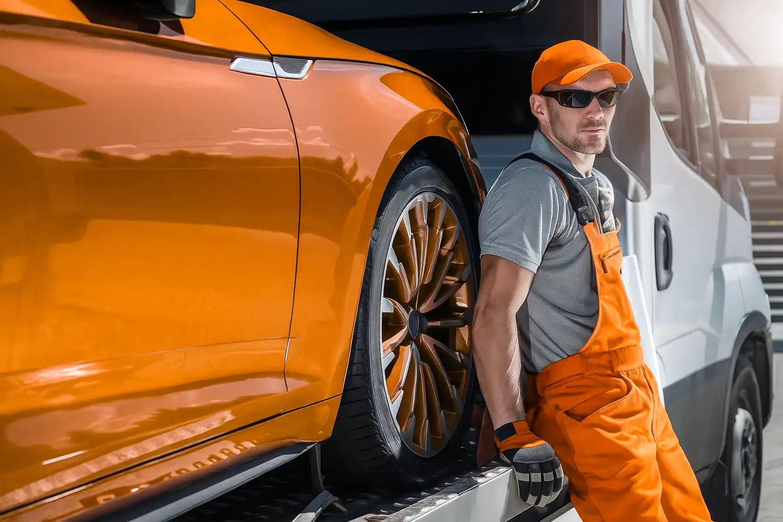 Operatore Mercadante esperto accanto a veicolo su carroattrezzi, pronto per soccorso stradale a Palermo.